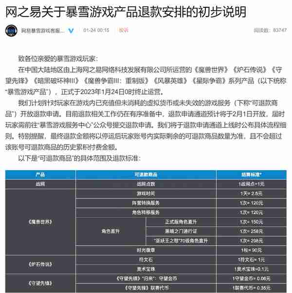 网易暴雪游戏国服正式停服  游戏虚拟货币退款申请通道近日开放