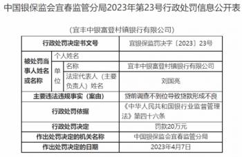 宜丰中银富登村镇银行违法被罚 贷前调查不到位